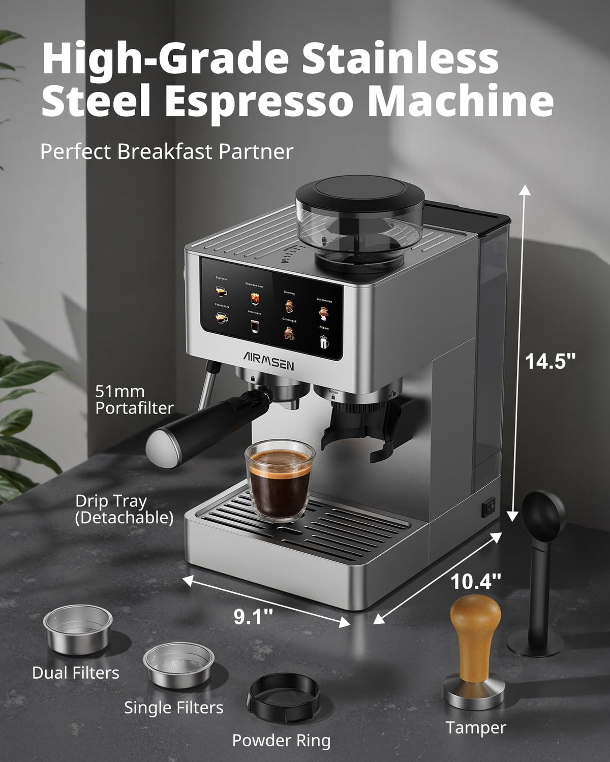 AIRMSEN Espresso Machine with Grinder, 20 Bar, Milk Frothing Steam Wand