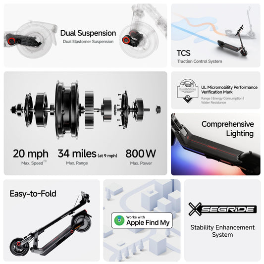 Segway Ninebot E3 Pro Electric Scooter, 34-Mile Range, 20 mph, 800W Motor, Dual Elastomer Suspension, Traction Control, UL2272 2271 Certified