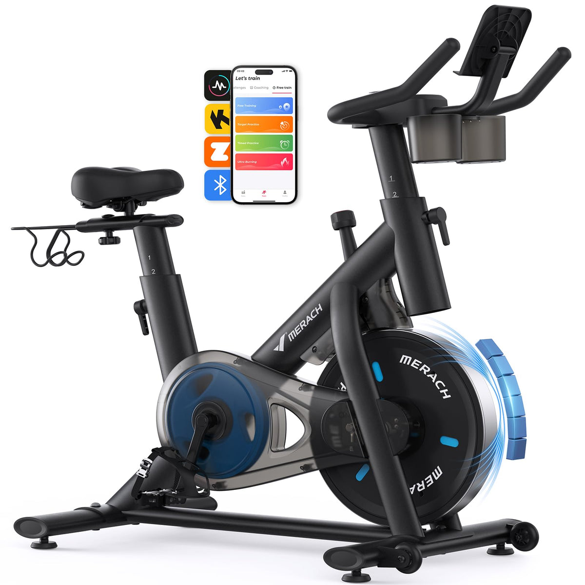 MERACH Exercise Bike, Magnetic Friction Stationary Bike with Brake Pad and Exclusive App, Low Noise Indoor Cycling Bike with 300lbs Weight Capacity, Tablet Mount and Fitness Courses for Weight Loss