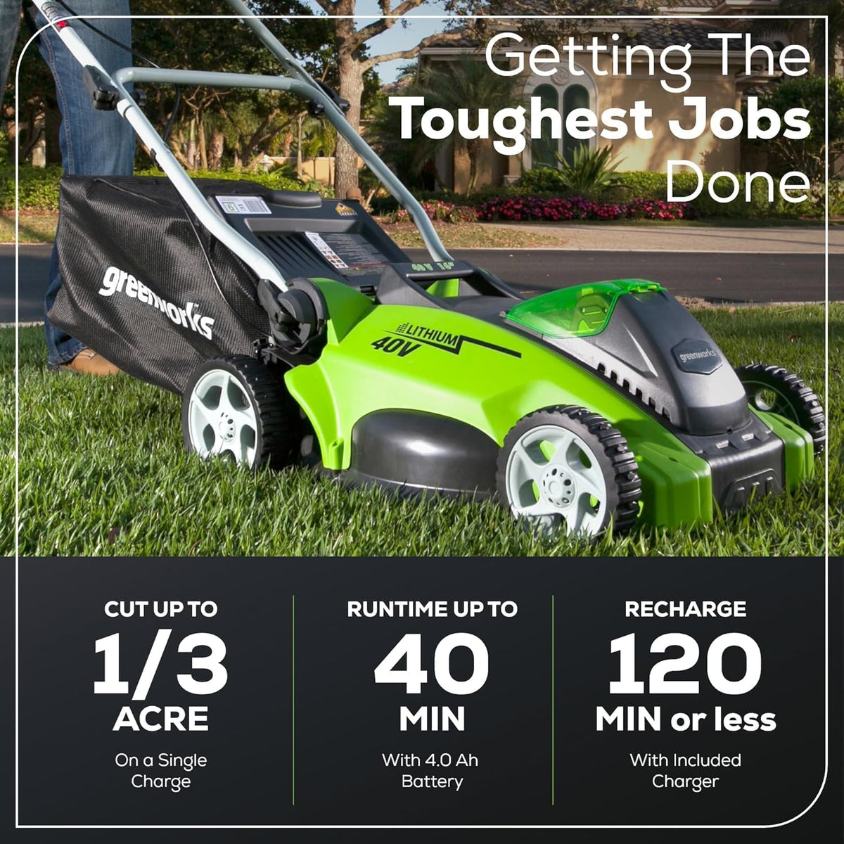Greenworks 40V 16" (Push) Cordless Lawn Mower (1/3 Acre) + 12" String Trimmer + Leaf Blower, 4.0Ah + 2.0Ah Batteries and (2) Chargers Included