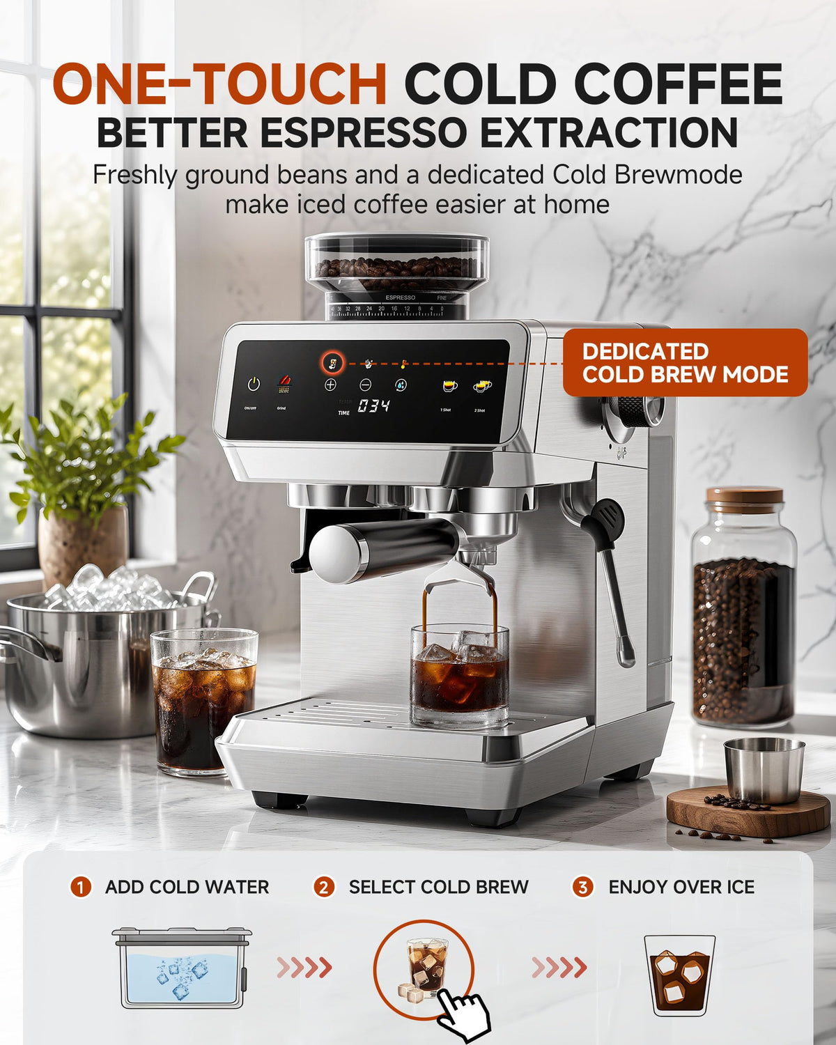 AMZCHEF Espresso Machine With Grinder, Temp Control, 44 Grind Settings