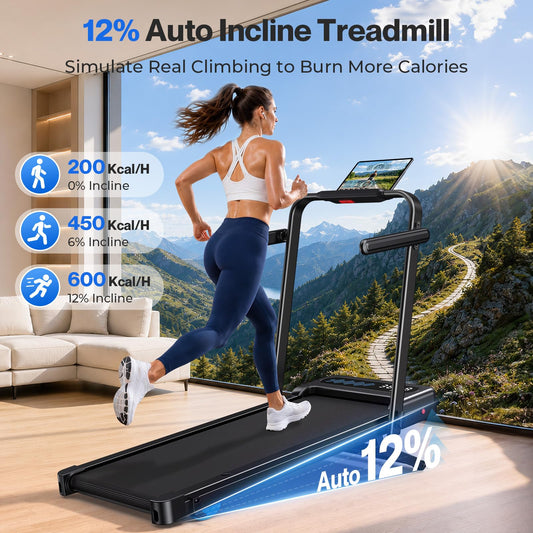 Cardirun Walking Pad with 12% Auto Incline & Handle Bar, Foldable Treadmill