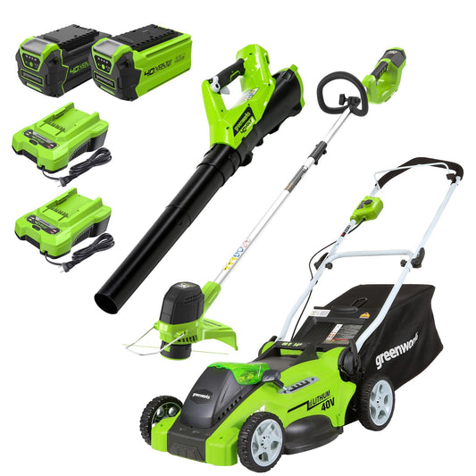Greenworks 40V 16" (Push) Cordless Lawn Mower (1/3 Acre) + 12" String Trimmer + Leaf Blower, 4.0Ah + 2.0Ah Batteries and (2) Chargers Included
