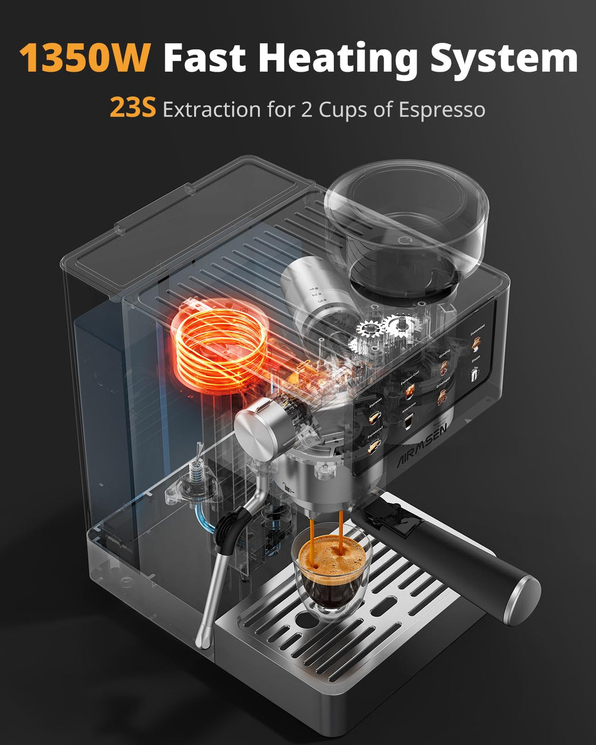 AIRMSEN Espresso Machine with Grinder, 20 Bar, Milk Frothing Steam Wand