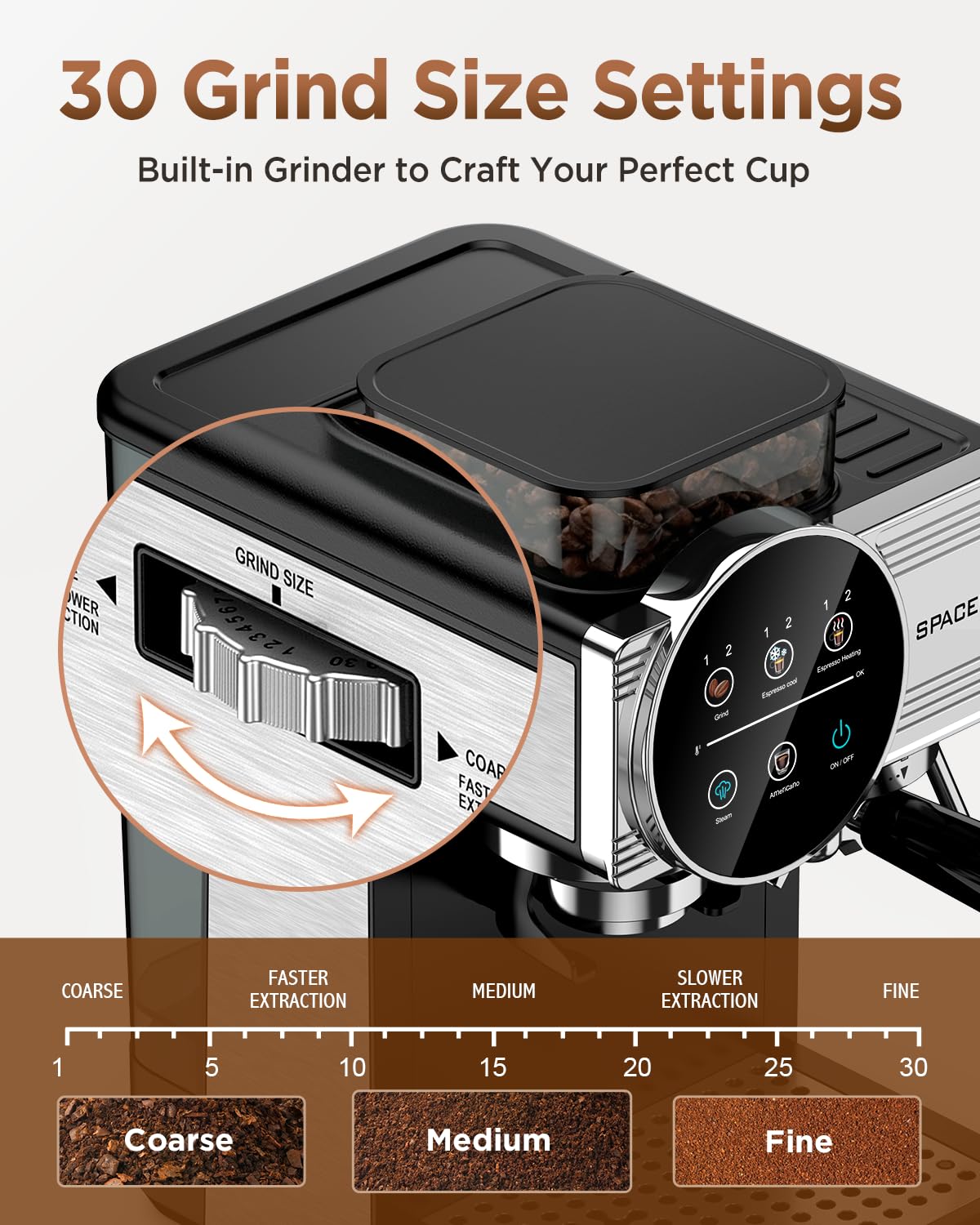 Espresso Machine with Grinder and Frother, 30 Grind Settings, 20 Bar