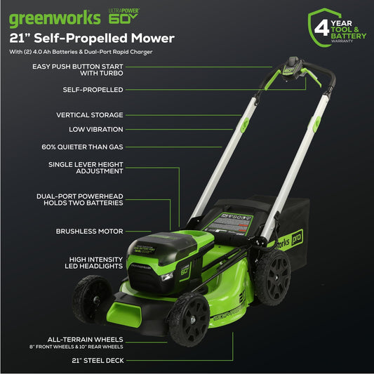 Greenworks 60V 21in Self-Propelled Lawn Mower, (2) 4.0 Ah Battery Kit