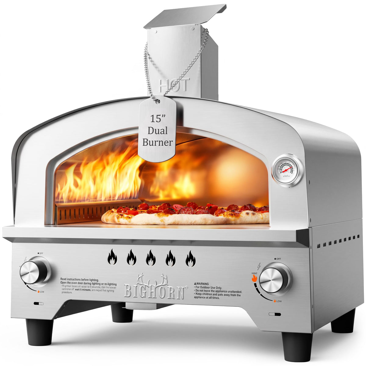 BIG HORN Gas Pizza Oven, Portable Propane Pizza Oven with 15 inch Pizza Stone, Stainless Steel Pizza Maker for Outdoor Cooking