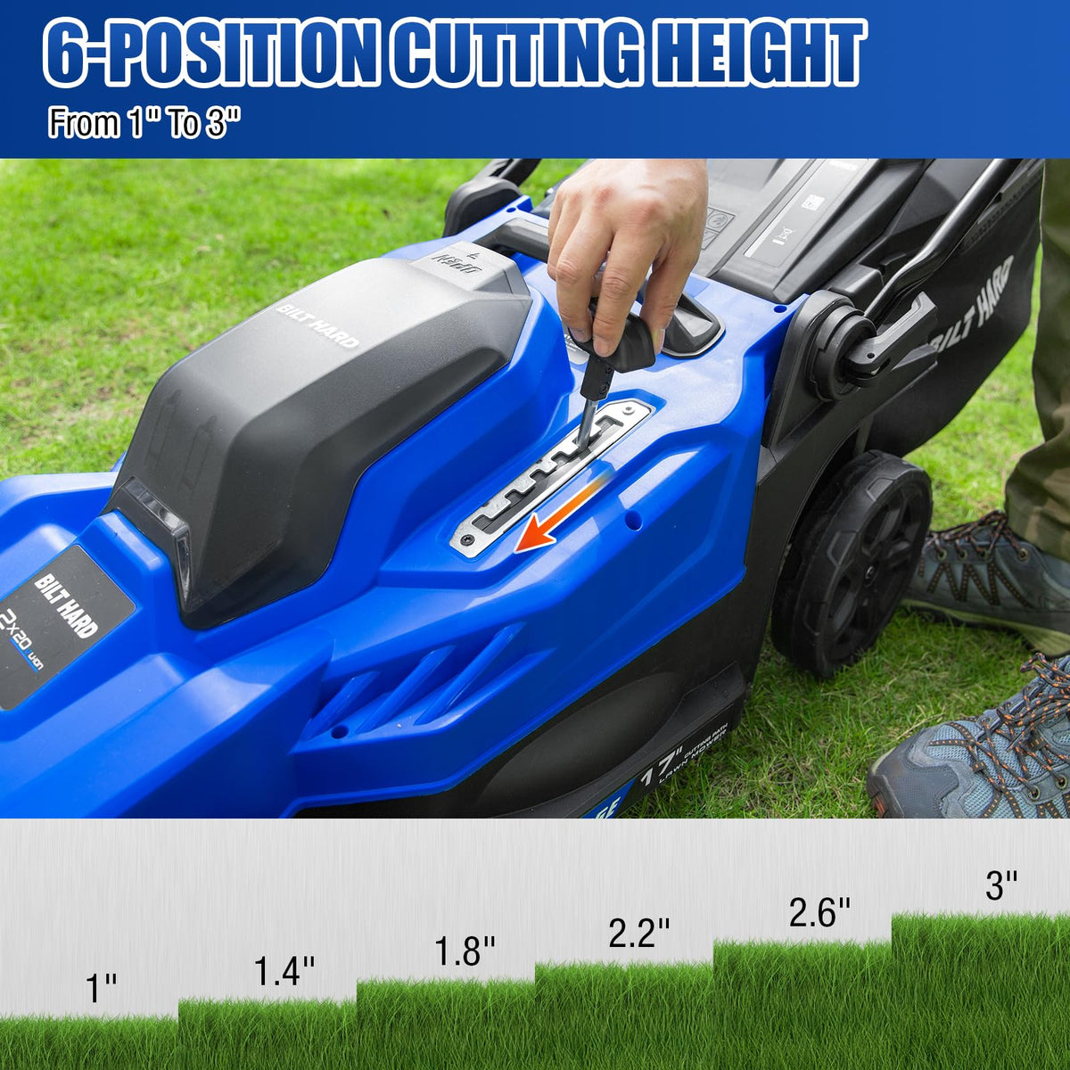 BILT HARD 40V Electric Cordless 17" Lawn Mower, 12" Trimmer & Leaf Blower Combo – 3x5.0Ah Batteries (2x20V), Dual Charger, 6-Position Cutting Height, 50L Bag