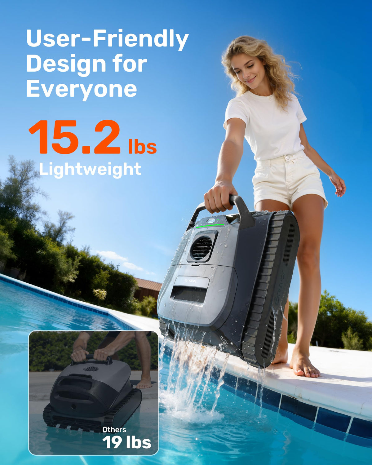 (2026 Upgrade) Gosvor Pool Vacuum LiteVac G1, Wall & Waterline & Shallow Area Cleaning, Up to 200-Min Runtime, Ultra-fine Filter, 15.2 lbs, Smart Navigation & App, for Pools up to 2153 sq.ft, Gray