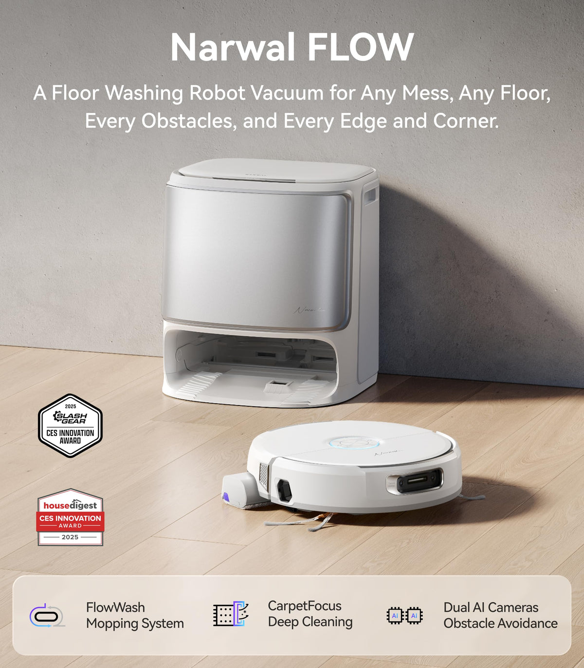 NARWAL Flow Robot Vacuum and Mop Combo, 22000Pa, AI Avoidance, Ivory White