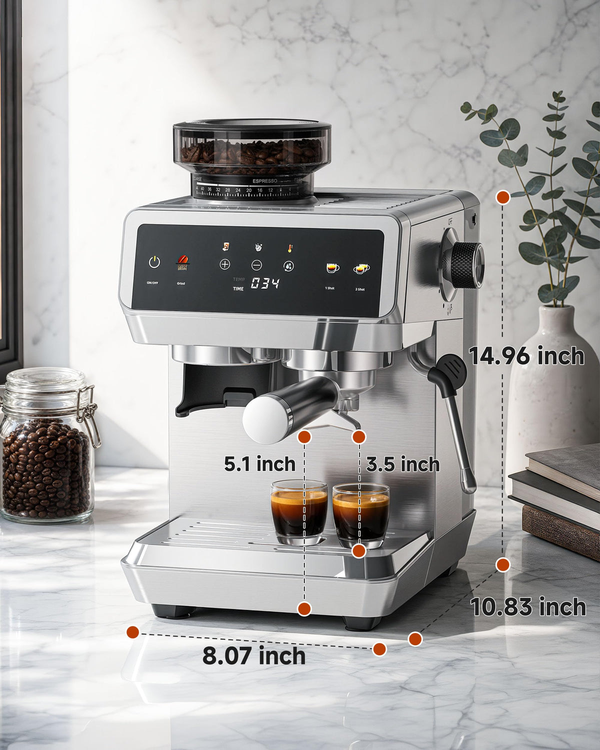 AMZCHEF Espresso Machine With Grinder, Temp Control, 44 Grind Settings